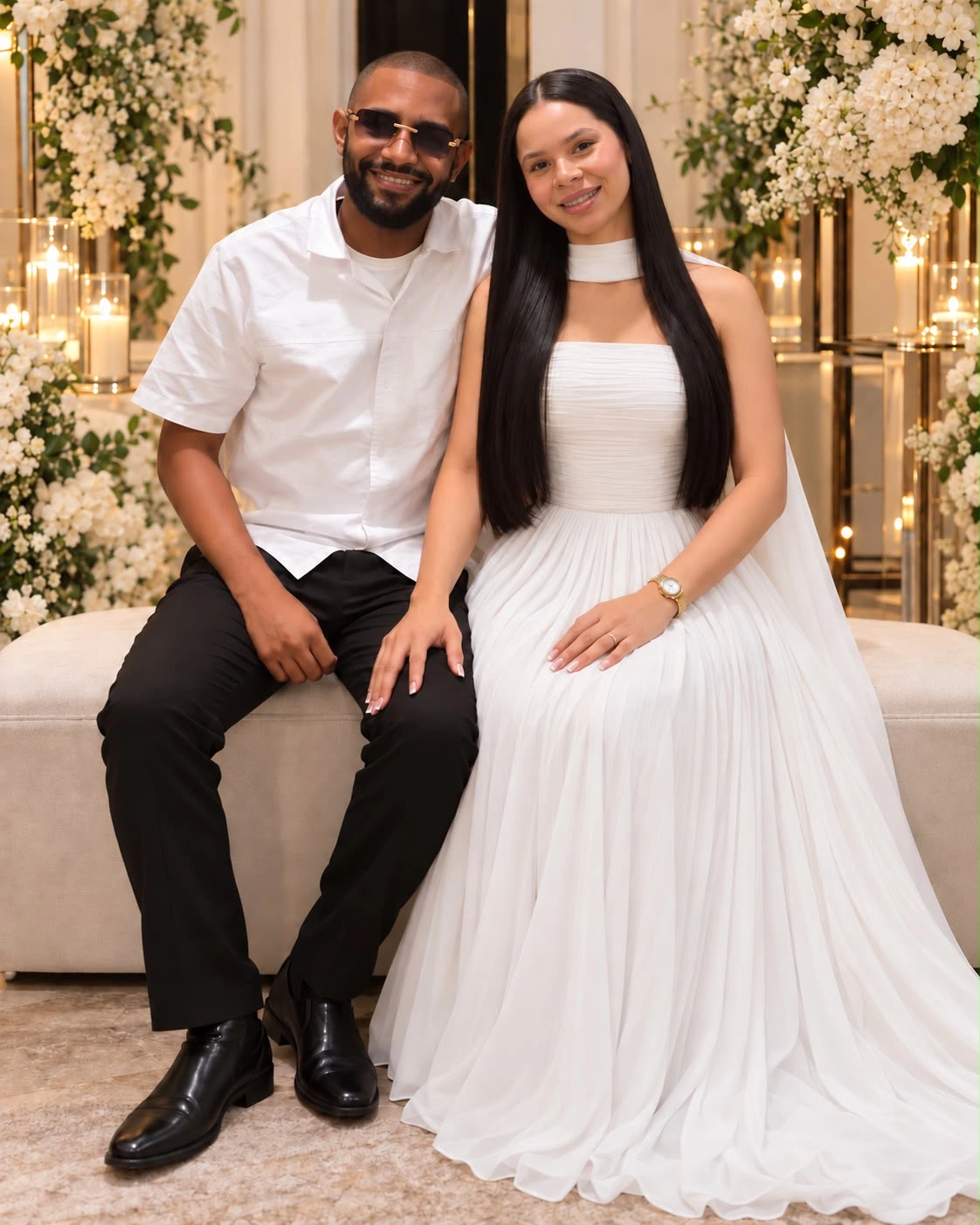 Brady y Seylin sentados juntos entre flores blancas