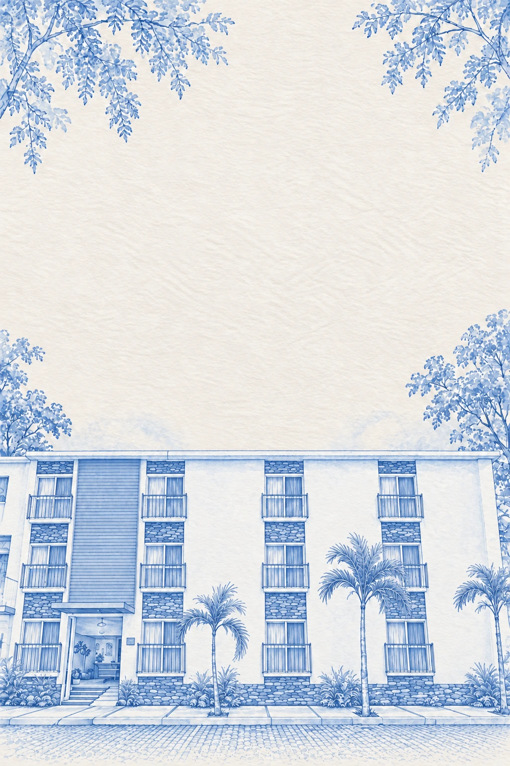 Ilustración azul a mano de la fachada del hotel, con balcones y palmeras